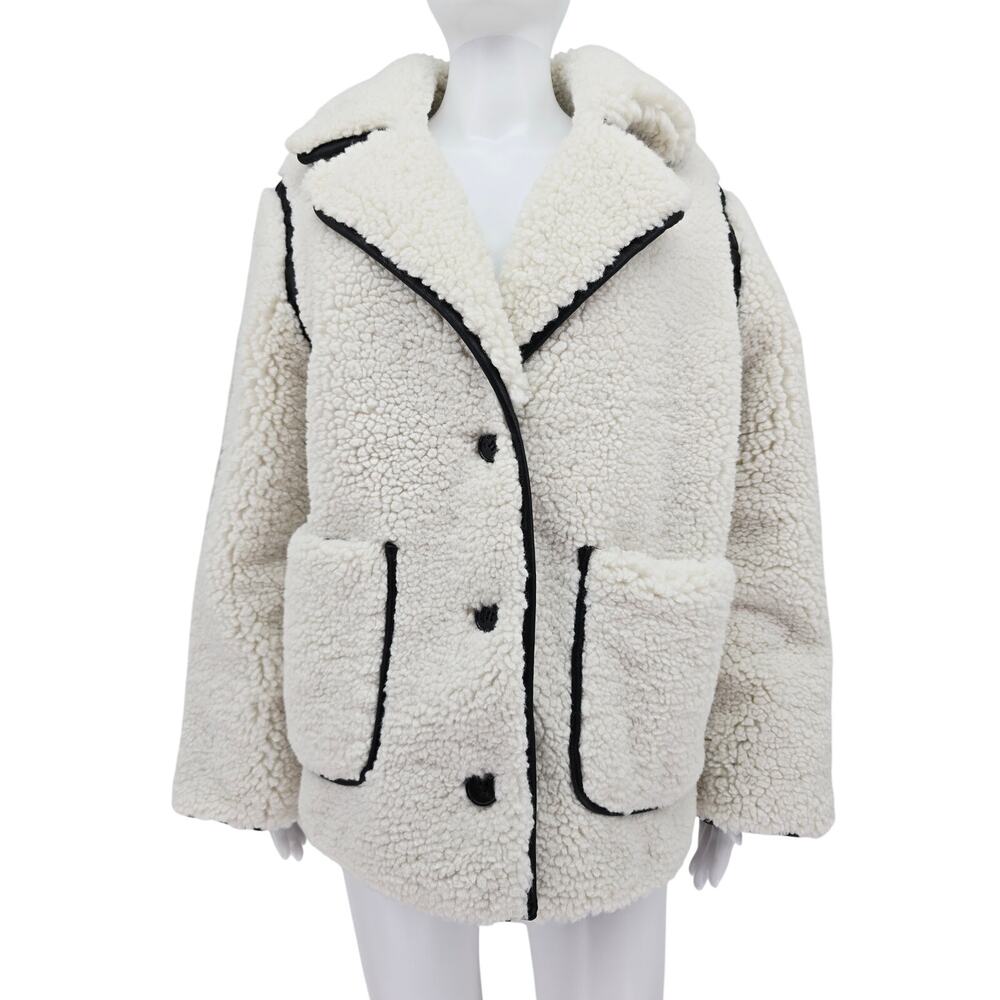 Jason Wu Faux Leather Trim Faux Shearling Coat White Black M